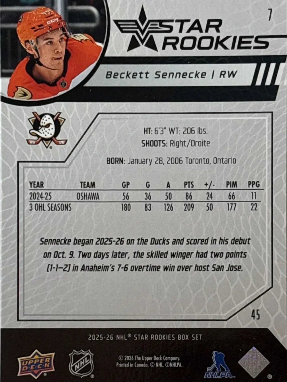 Upper Deck Star Rookies Beckett Sennecke Hockey Card